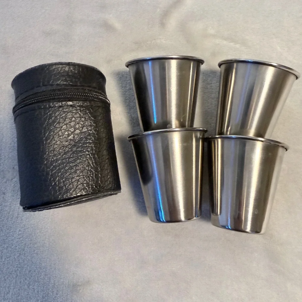 Vntg Stainless Steel Travel 4 Shot Glass Set Black Zipper Case Camping Barware